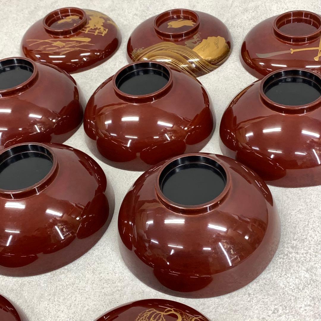 吸物椀 5客 絵変わり 塗り 溜絵 正月 賀正 金彩 汁椀 雑 D