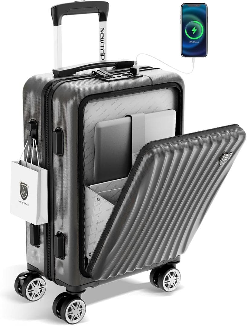 【Sブラック】スーツケース 機内持ち込み フロントオープン USB充電　キャリー