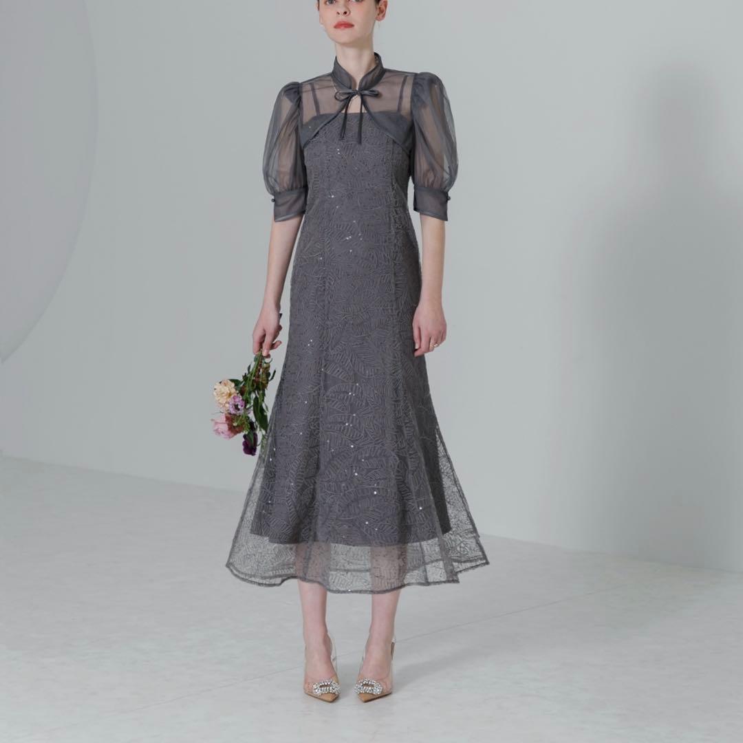 【LEJA】スパンコールボタニカルマーメイドハイネックパフスリーブキャミソール