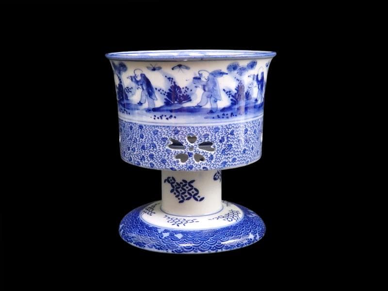 古伊万里　染付　透かし　微塵唐草に唐子　山水紋の図　盃洗　F202ASfbtb