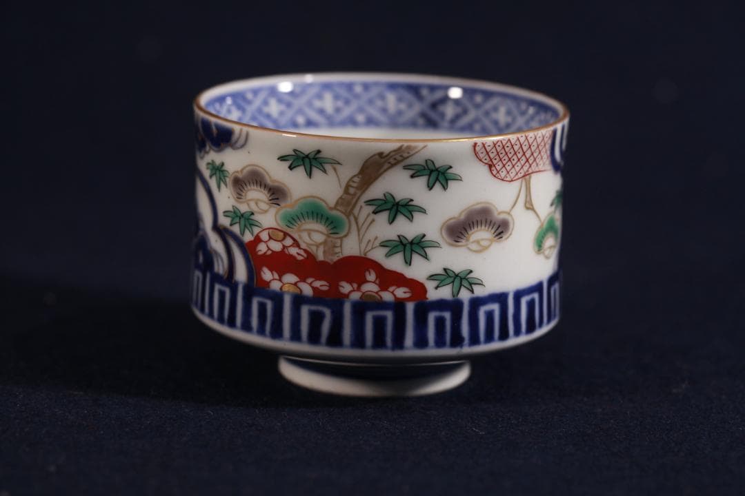 339　古伊万里色絵松竹梅図半筒茶碗　無疵美品　幕末