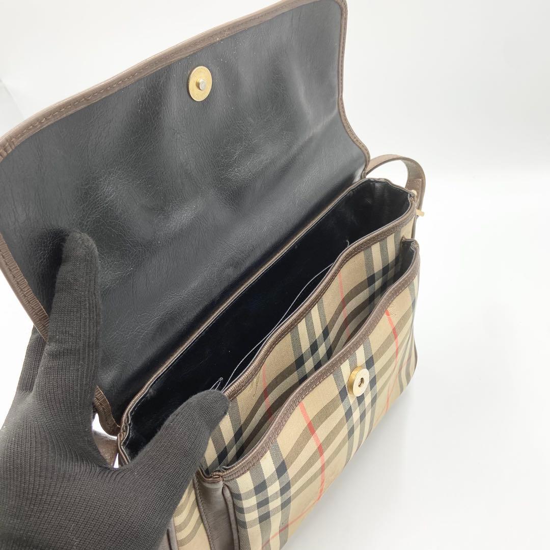 バーバリー　ショルダーバッグ　ノバチェック　キャンバス　レザー　ブラウン