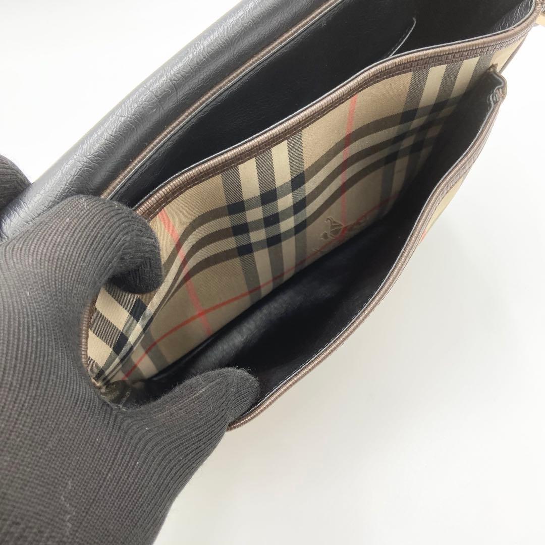 バーバリー　ショルダーバッグ　ノバチェック　キャンバス　レザー　ブラウン