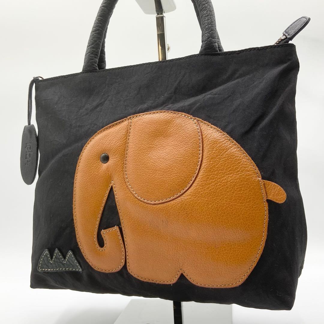 極美品　IBIZA イビサ　ゾウ　ハンドバッグ　ナイロン　レザー　ブラック