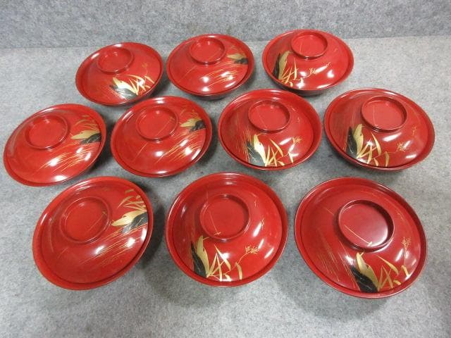 朱塗 蒔絵 風景 梅椀 10個 [B22255]