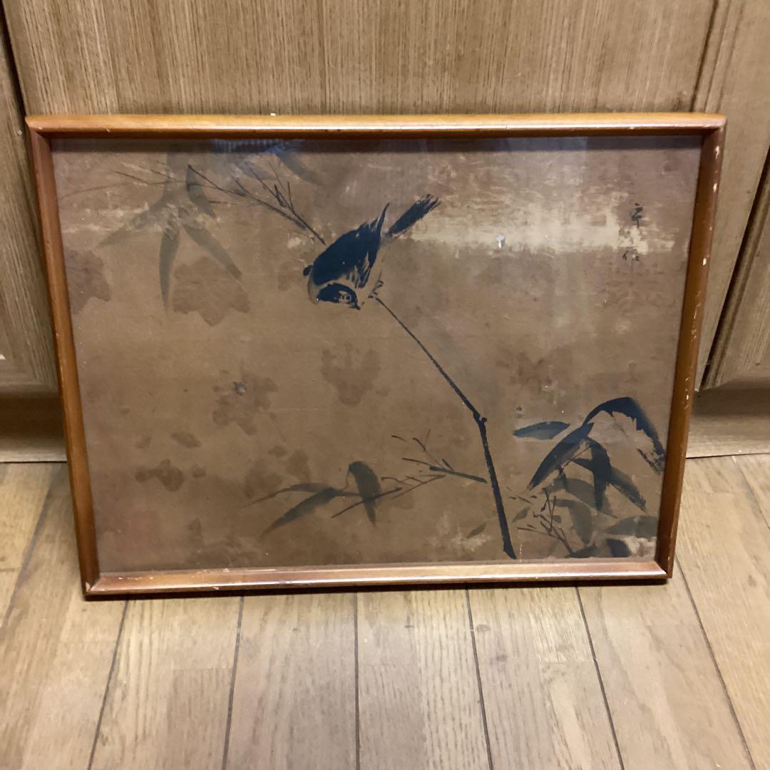 狩野法眼　守信　紙本水墨花鳥図【　竹に小禽図　】　軸外し額装仕立　模写　EJ