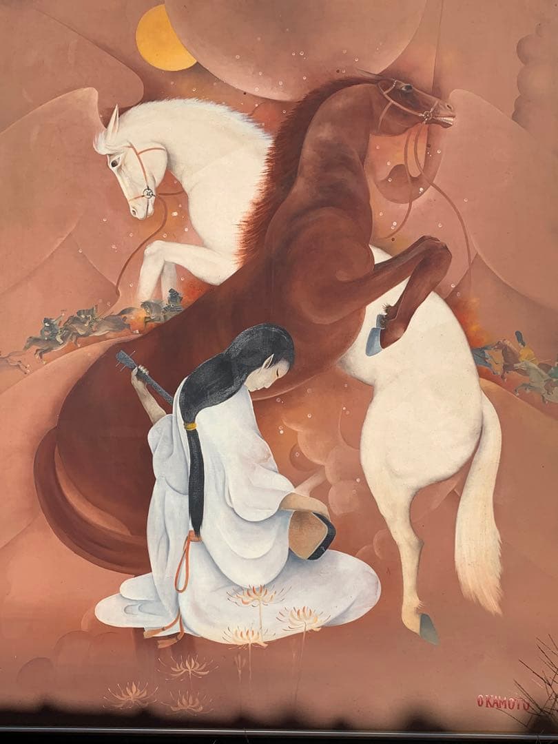 水墨画 馬と女性の絵画