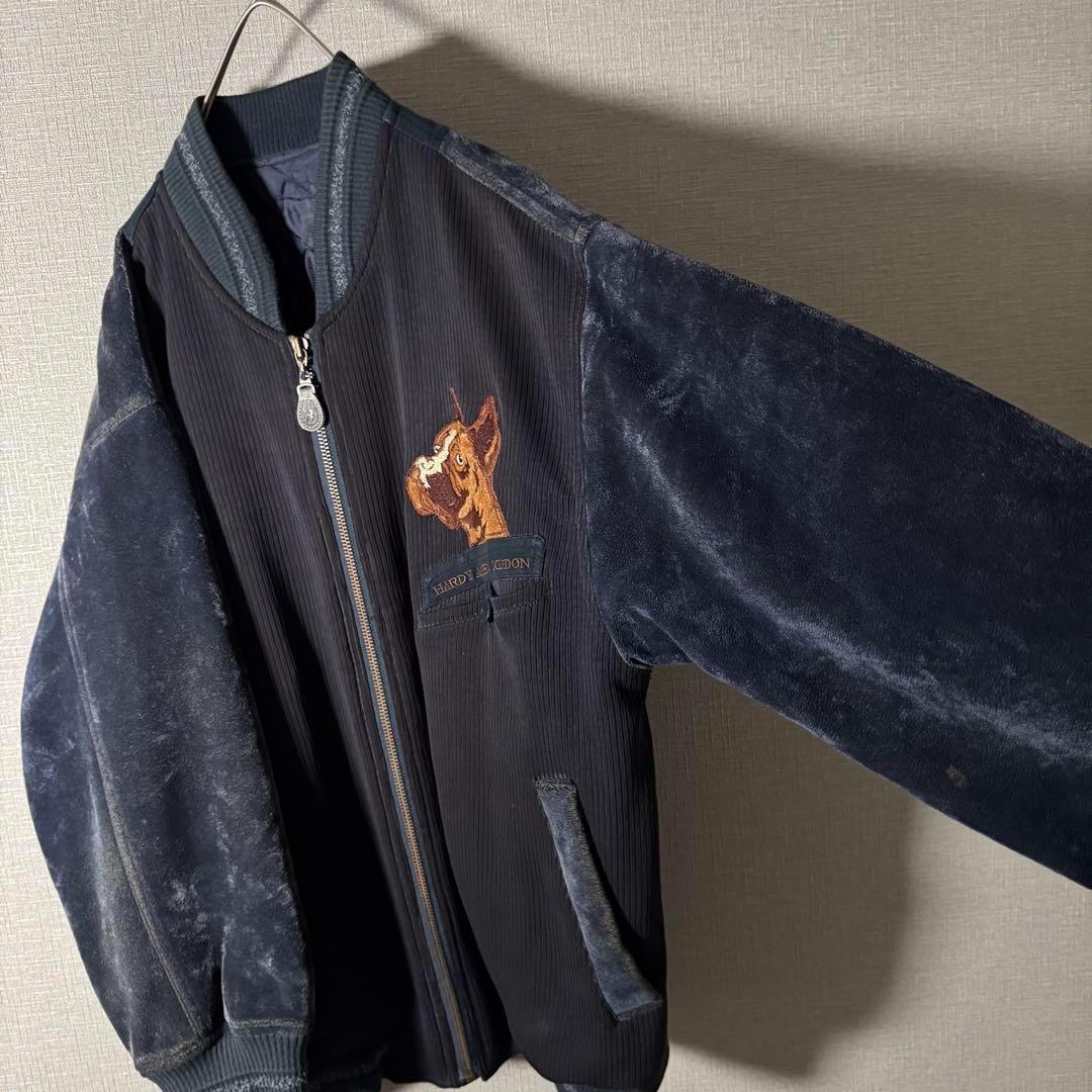 ハーディエイミス ブルゾン ベロア切替 刺繍 裏地キルティング ネイビー XL