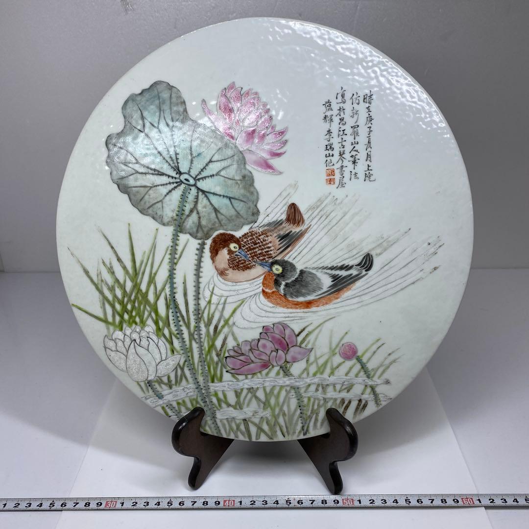 中国清時代　粉彩花鳥図　陶版　直径34.5㎝ タルサ　東さ7-0105☆2F