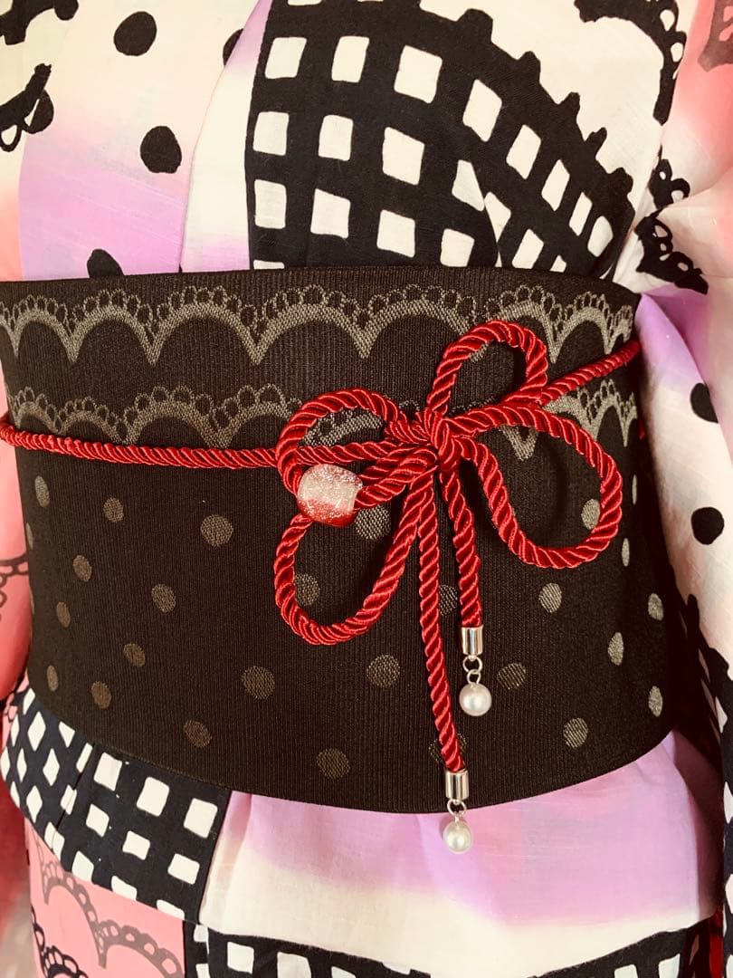 ツモリチサト　レースとチェック柄の浴衣とリバーシブル半幅帯　帯飾り紐もオマケ