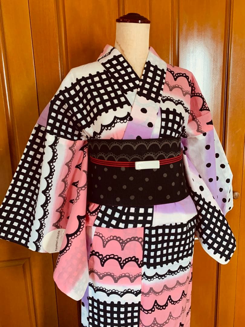 ツモリチサト　レースとチェック柄の浴衣とリバーシブル半幅帯　帯飾り紐もオマケ
