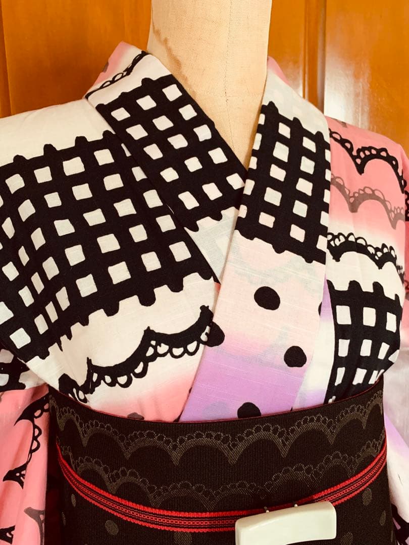 ツモリチサト　レースとチェック柄の浴衣とリバーシブル半幅帯　帯飾り紐もオマケ