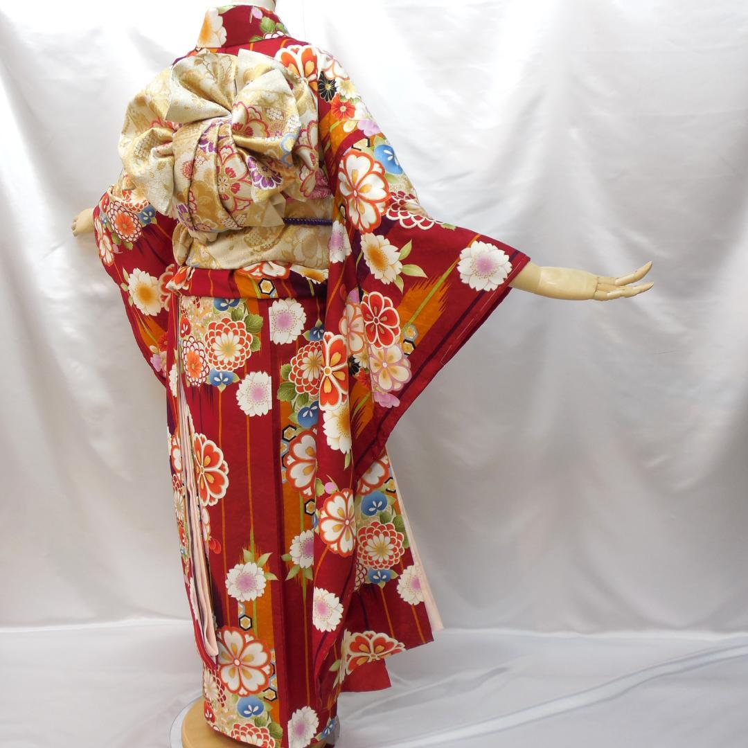 未使用品★洗える振袖　振袖フルセット　ポリ　成人式　振袖　M～Ｌサイズ　赤　花柄