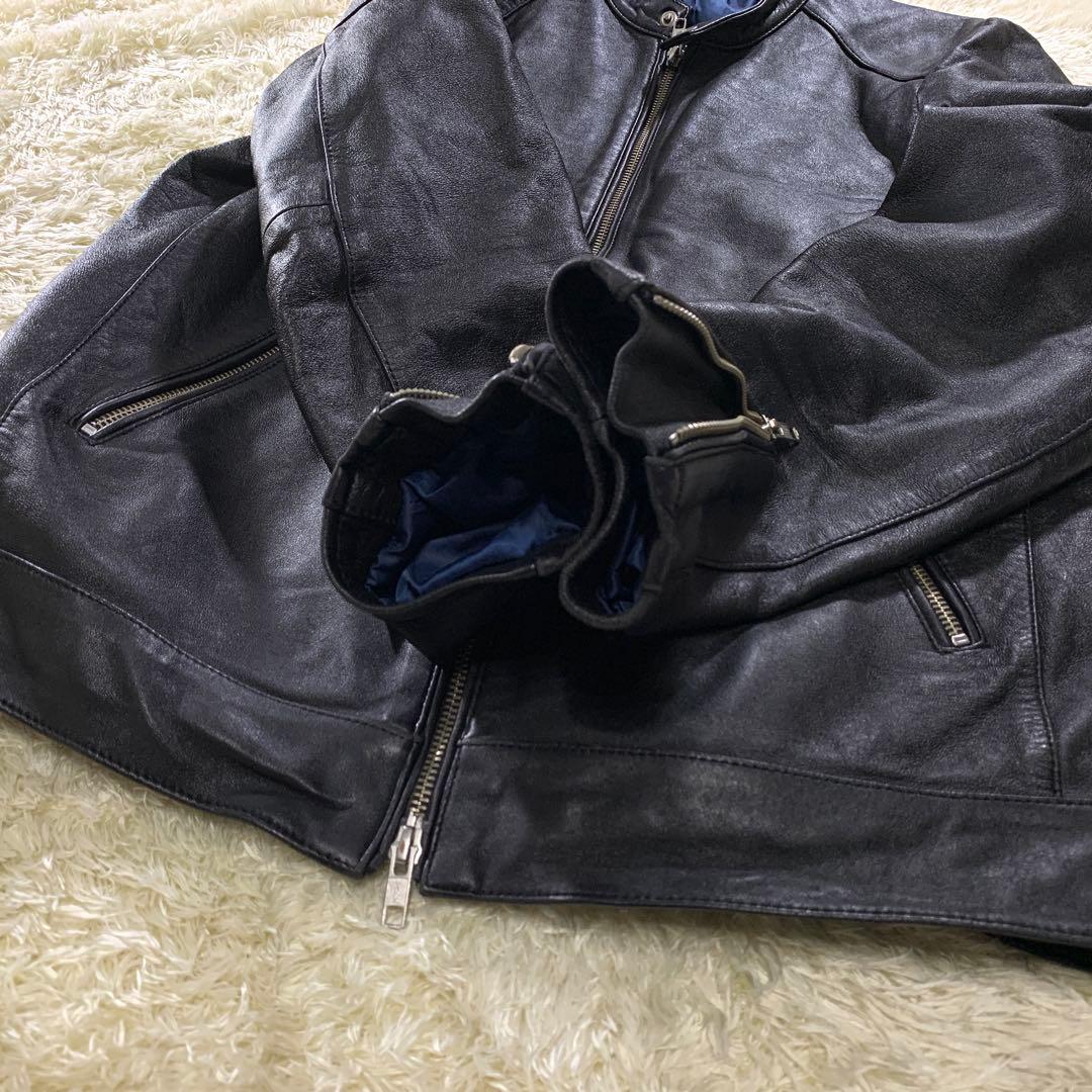 美品 タケオキクチ シングルライダースジャケット 黒 裏地ブルー ラムレザー M
