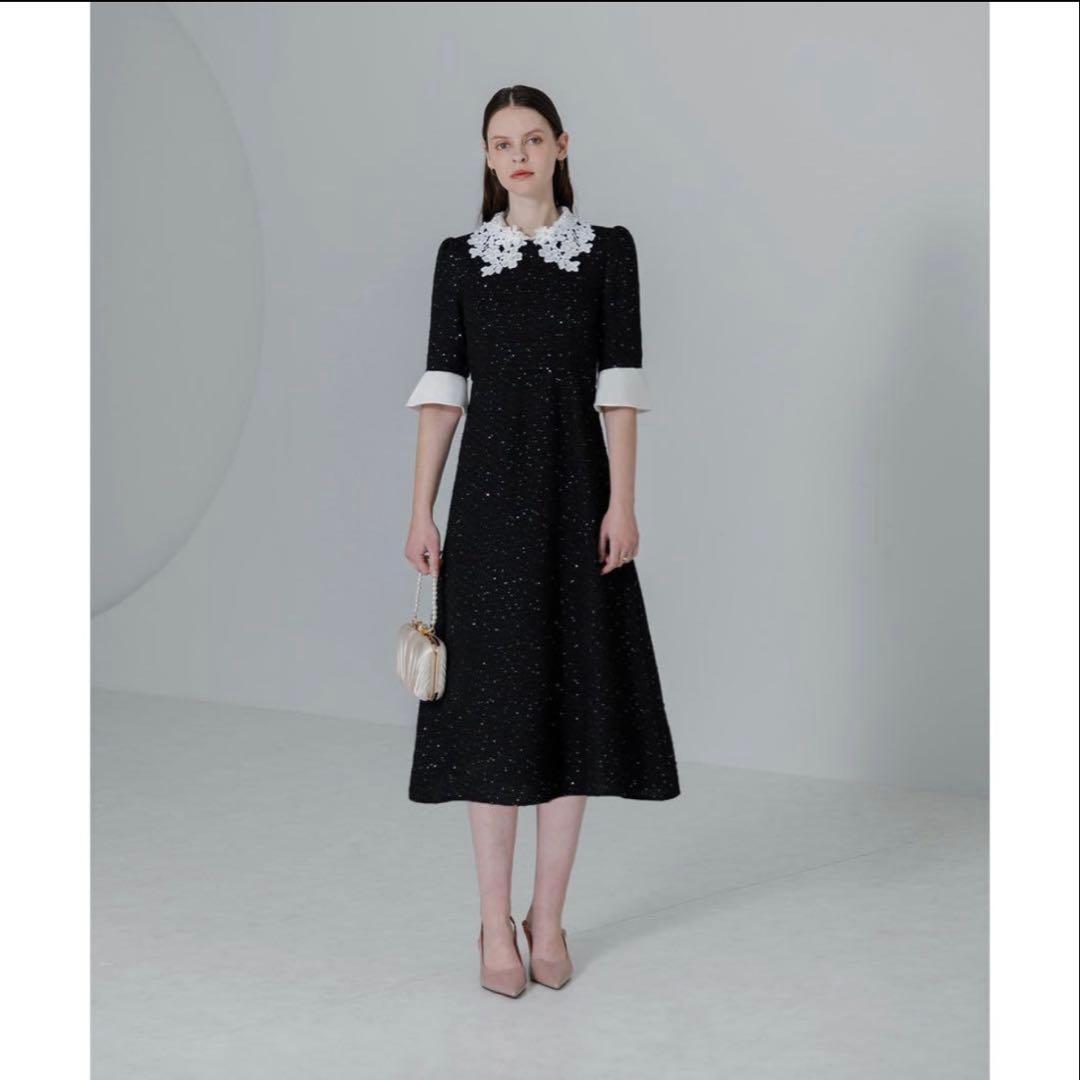 LEJA 花柄レースカラースパンコール刺繍Aラインフレアドレス　Sサイズ