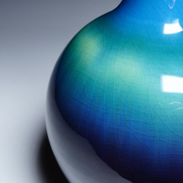 徳田正彦　碧明釉花生　共箱　人間国宝　徳田八十吉　九谷　花入　茶道具　鑑賞陶磁器