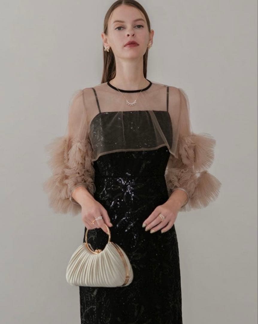 フラワースパンコールチュールフリルスリーブIラインワンピースドレス結婚式二次会