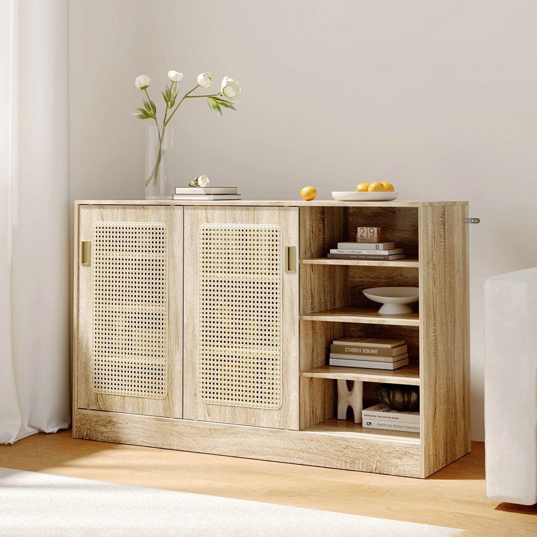 ラタンサイドボード 幅90cm スライドドア 扉付き 木製