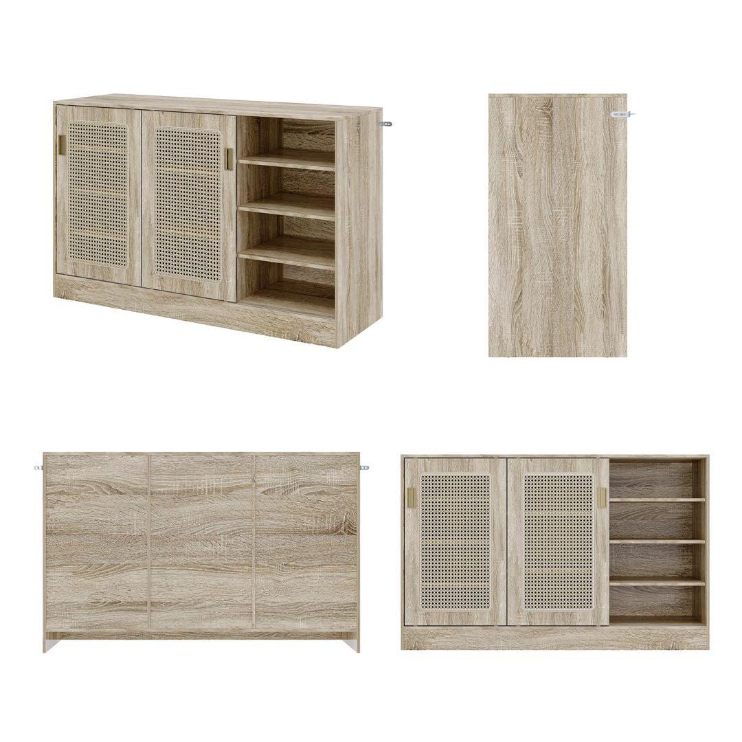 ラタンサイドボード 幅90cm スライドドア 扉付き 木製