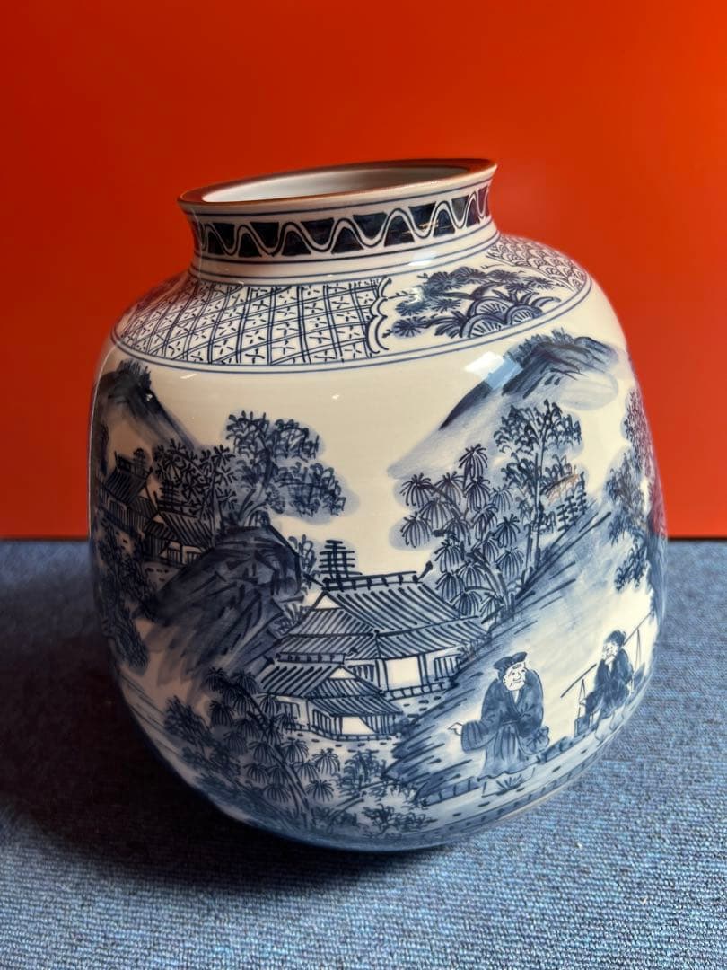 877 珍品　希少　九谷万象　山水人物図案染付花瓶