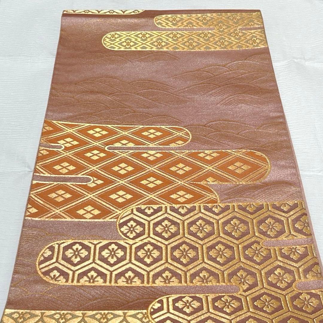 梅垣織物　袋帯　有職霞文　西陣織　正絹　金糸　ピンク