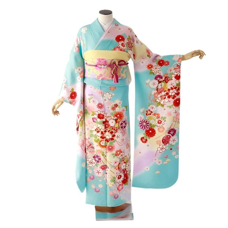振袖 身長150-165cm 水色　可愛らしい花々　正絹