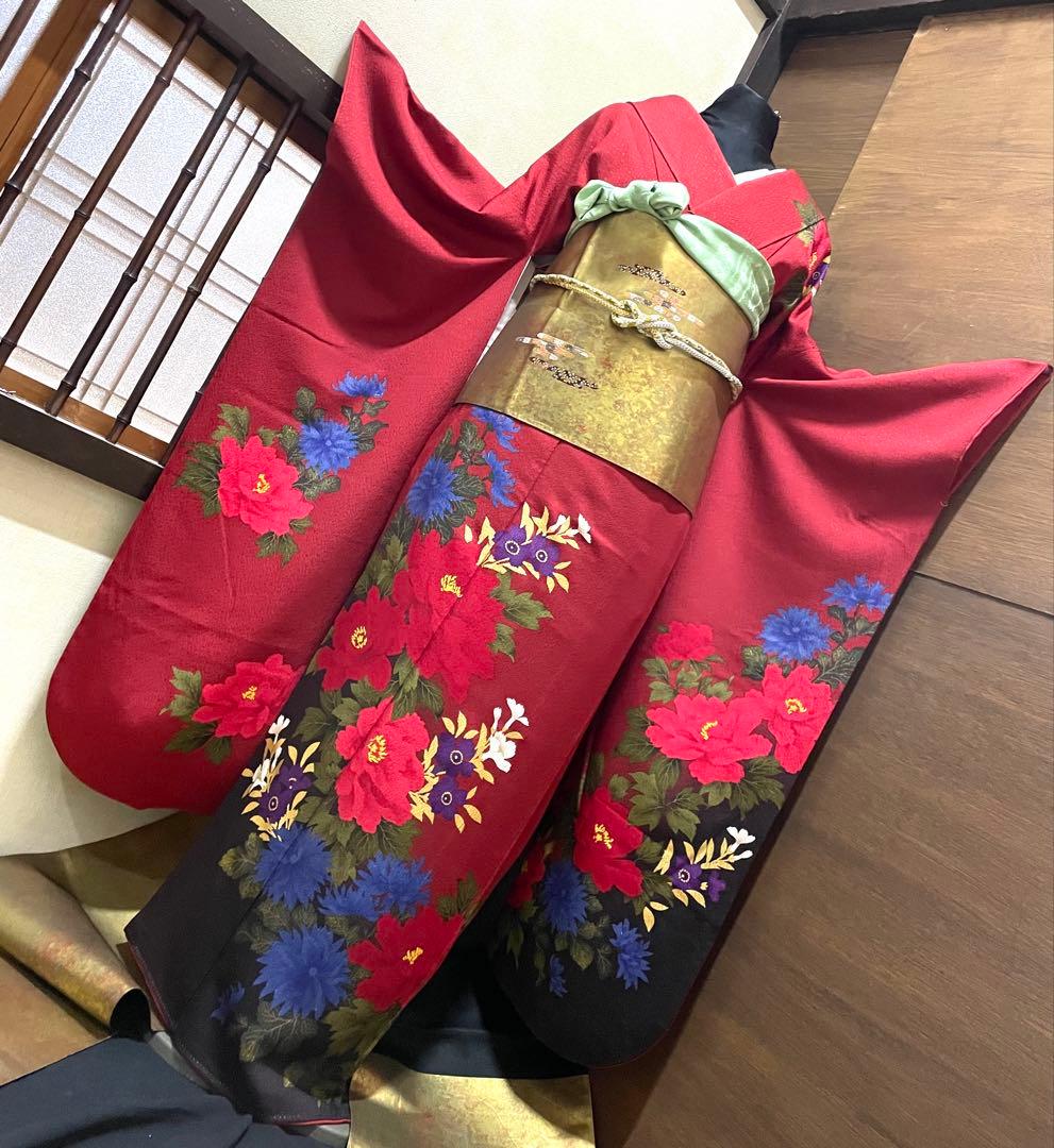 振袖フルセット6点サイズS〜M草花文　暈し染め　金彩　正絹