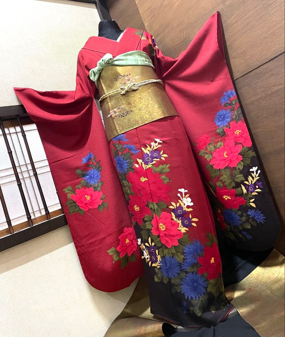 振袖フルセット6点サイズS〜M草花文　暈し染め　金彩　正絹