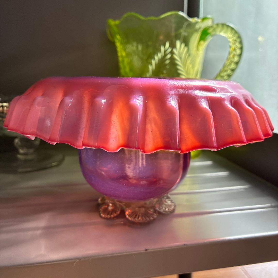 イギリス　レア品ヴィクトリアンアンティークウランバセリン　クランベリーコンポート