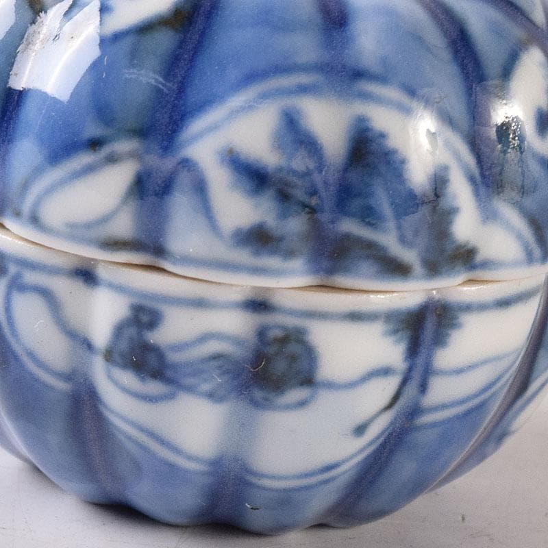 茶道具　平安　三浦竹泉造　染付　山水人物文　蜜柑香合　共箱　V　R8188