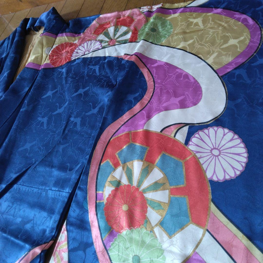 昭和レトロお誂え振袖　群青色　群馬桐生　手染め　正絹　ヴィンテージ着物