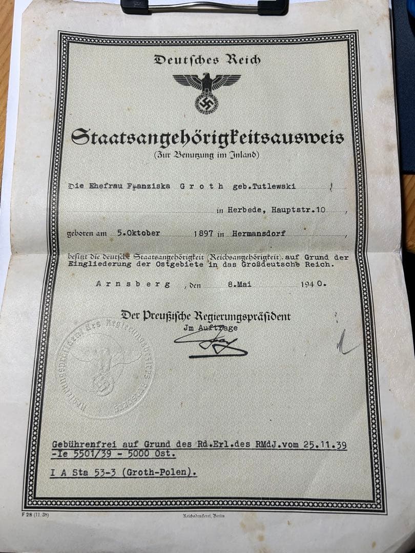 レア物1940年 ドイツ国籍証明書
