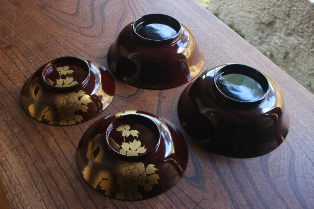 時代逸品！風情ある栗色漆に極上牡丹蝶蒔絵の映える大椀2点（検輪島塗蒔絵椀雑煮椀