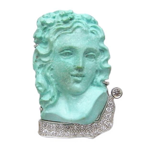 トルコ石カメオダイヤブローチ/ペンダント K18WG/K14WG 10.8g