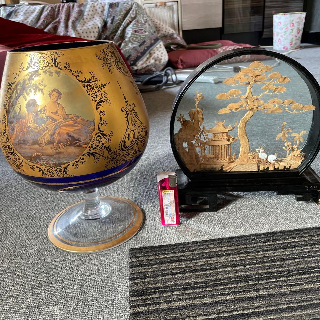 中国美術品 コルク細工 中国工芸品 コルク彫刻 ガラスケース・ブランデーグラス