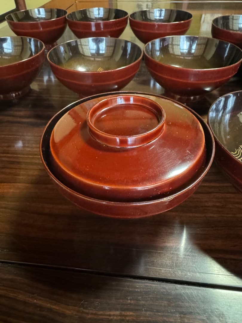 木曽漆器 吸物椀 二十客（蓋付き／江戸後期・手描