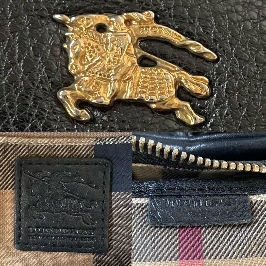 バーバリー ハンドバッグ ブラックレザー メガチェック ホースロゴ ゴールド