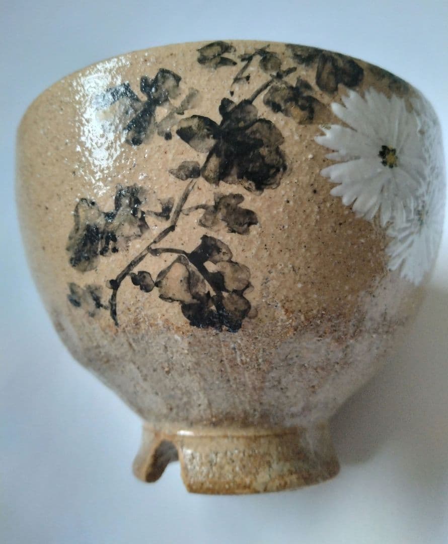 藤谷芳哉　白菊画 茶碗　水無月窯　抹茶碗　茶道具　共箱 共布 栞付 花紋様