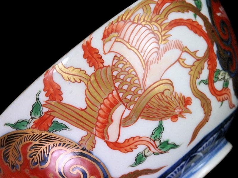 古伊万里　金襴手　鳳凰に赤玉唐草の図　大振蓋茶碗　AS-CXo