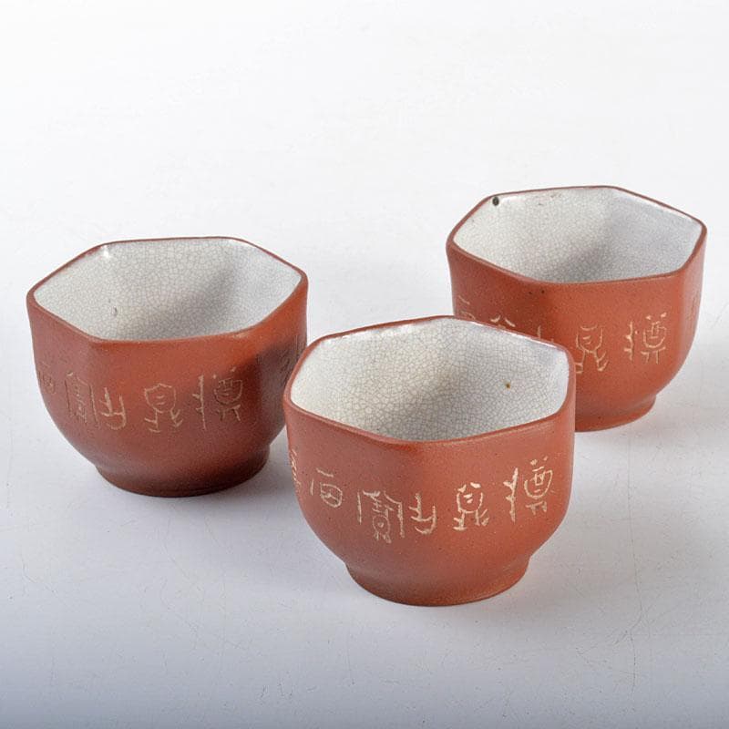 煎茶道具　紫砂　朱泥　漢詩刻　六角煎茶碗　三客　D　R4360