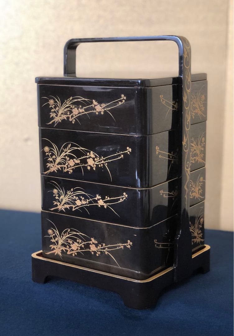 《レ》大正時代 草花蒔絵 提げ重 四段重 木製漆器 木箱　251117え2