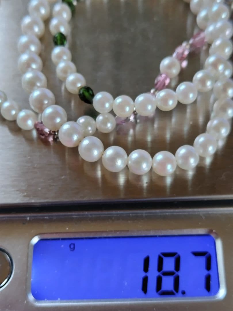 アコヤ真珠ベビーパール、グリーントルマリン、ピンクトルマリン、3WAYネックレス