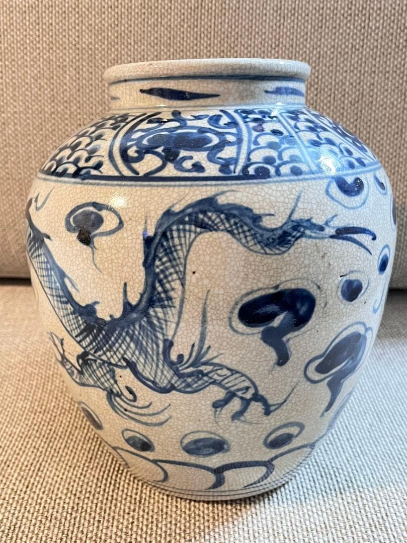 中国古玩 青花磁 元染 染付 雲龍紋 壺 花瓶 高約21cm 唐物 時代物 置物