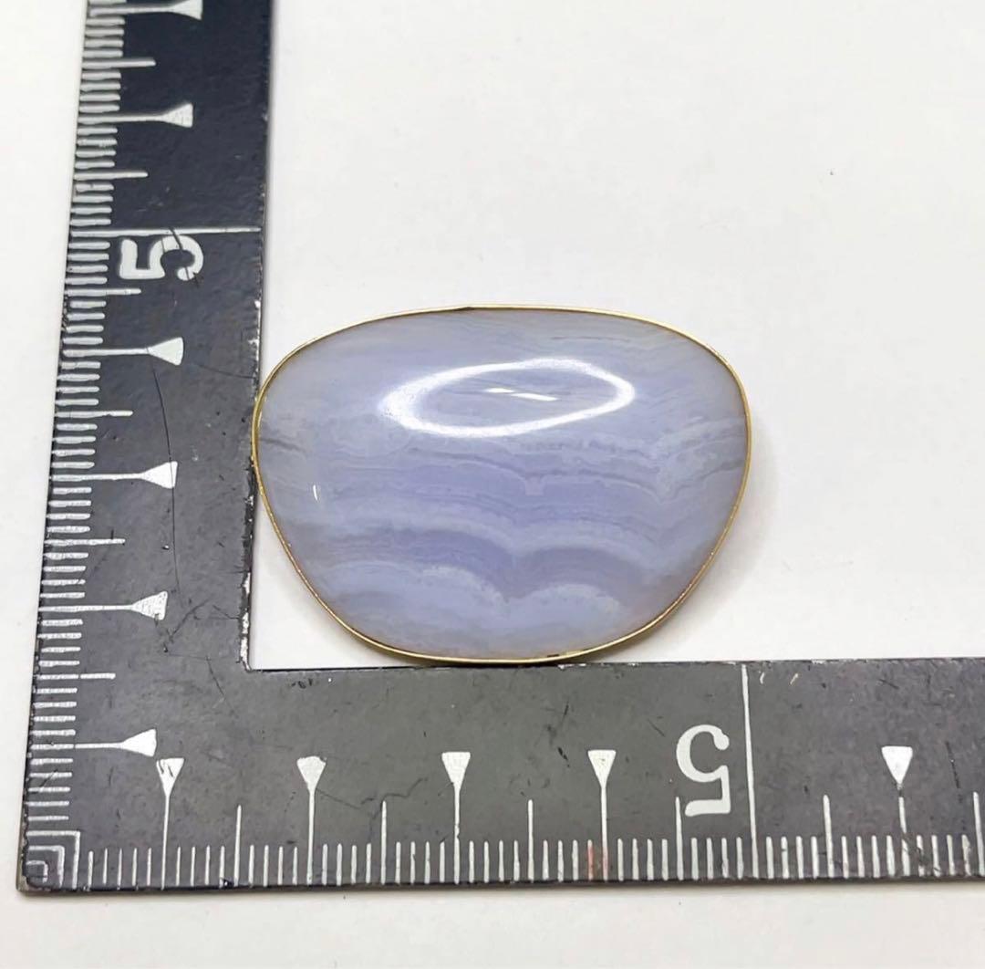 美品 天然石 ブルーレースアゲート 瑪瑙 K18枠 18金 ブローチ