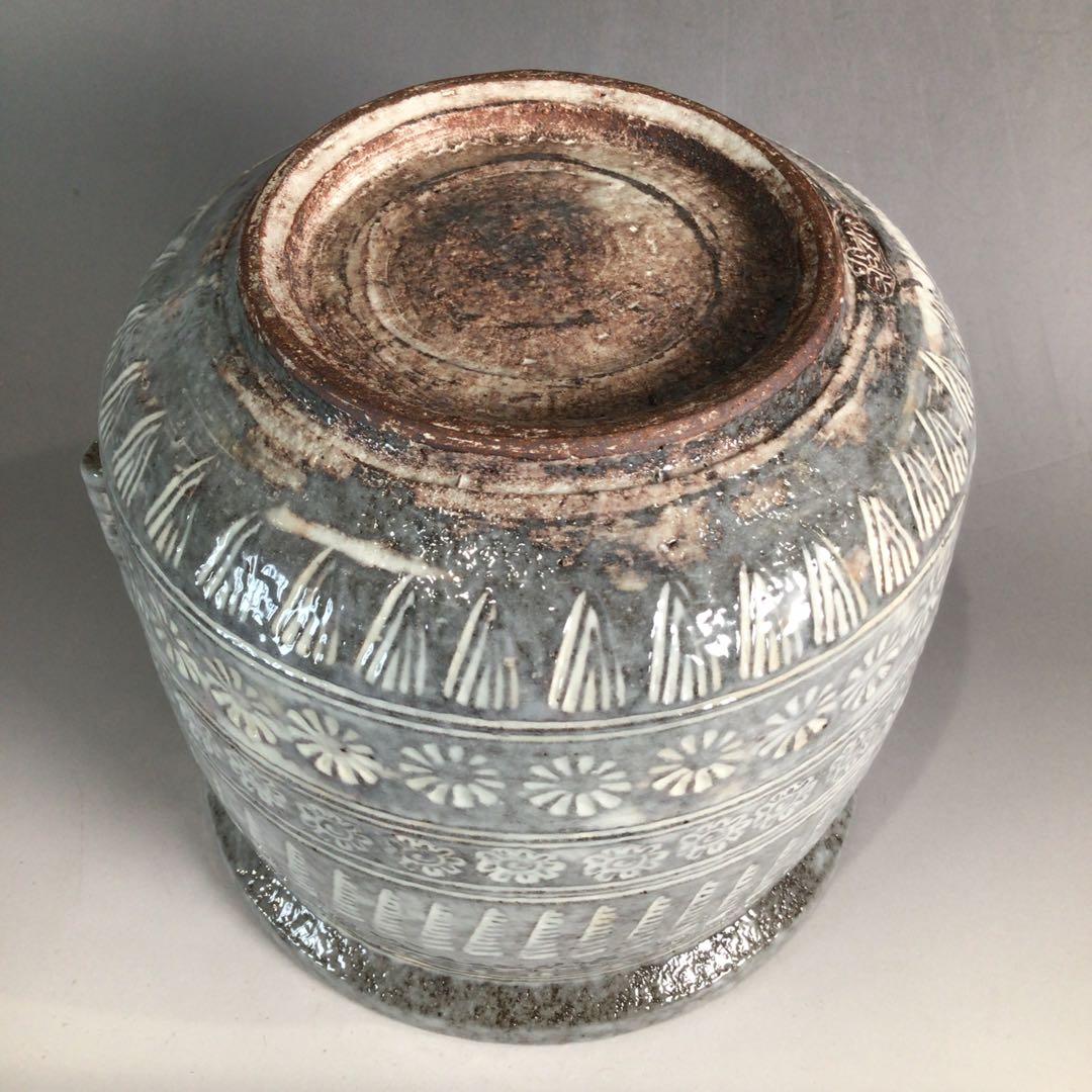 Ｐ３５３　水指　『平安　浅見与し三造』『花三島』『耳付水指』　共箱　茶道具