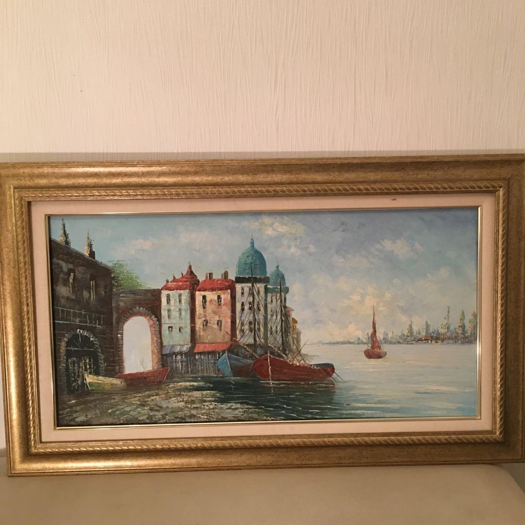 ヨーロッパ絵画油絵手書き横長ワイド