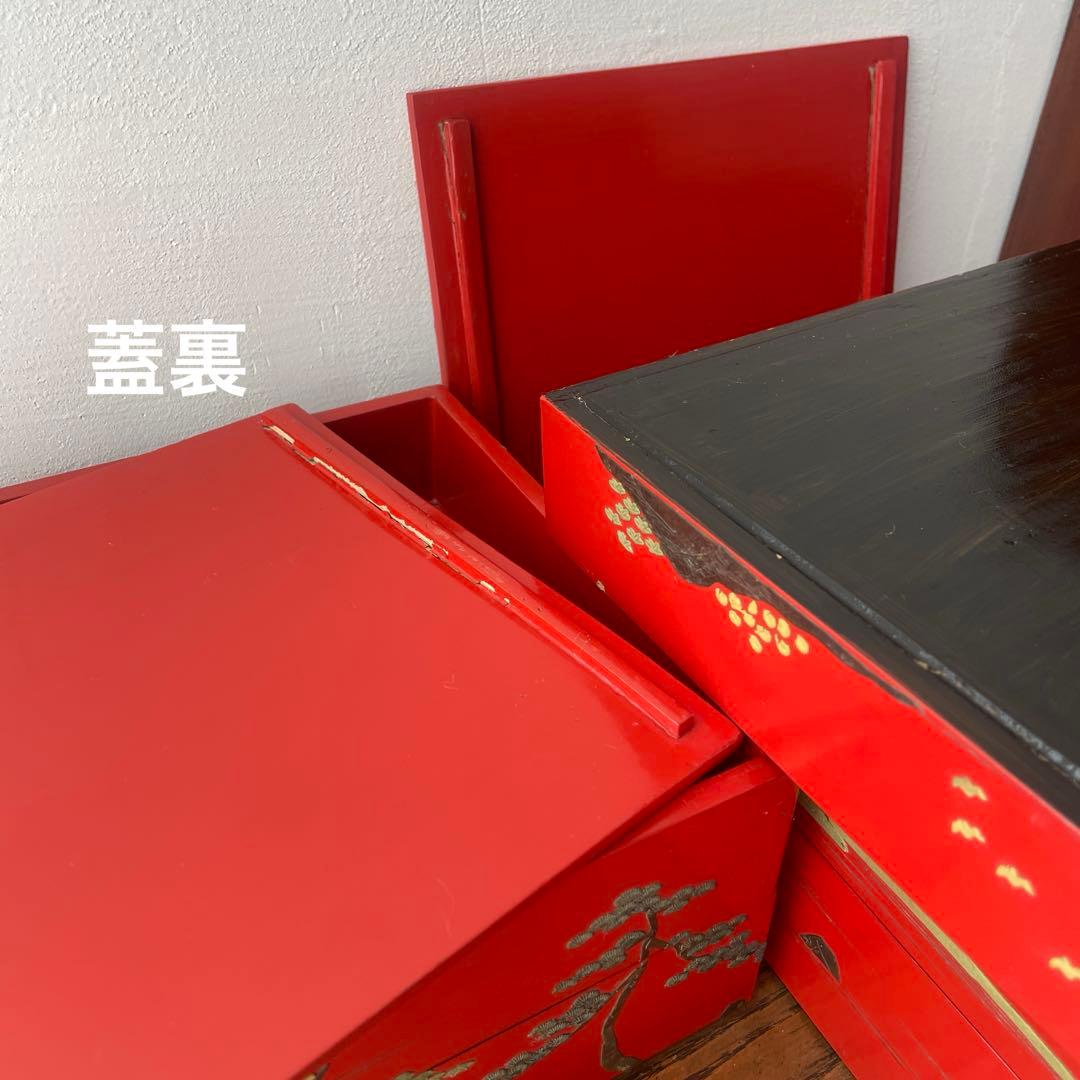 時代物　琉球漆器　重箱　５段　朱塗り　木箱入り　堆錦　東洋骨董　漆器