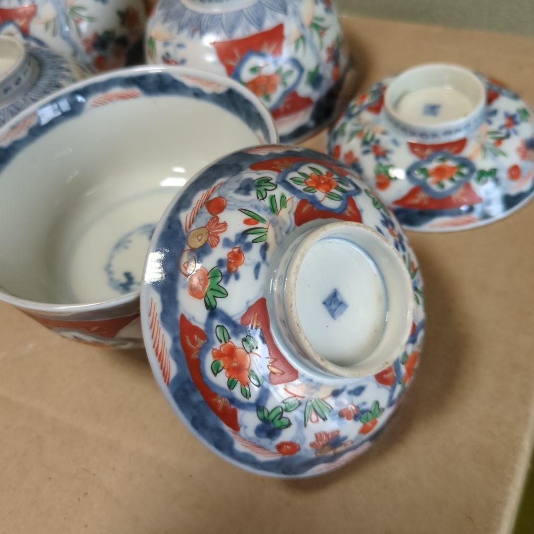 苺大福　骨董 伊万里 古伊万里 蓋茶碗 色絵 煮物碗 飯碗 6つ〜