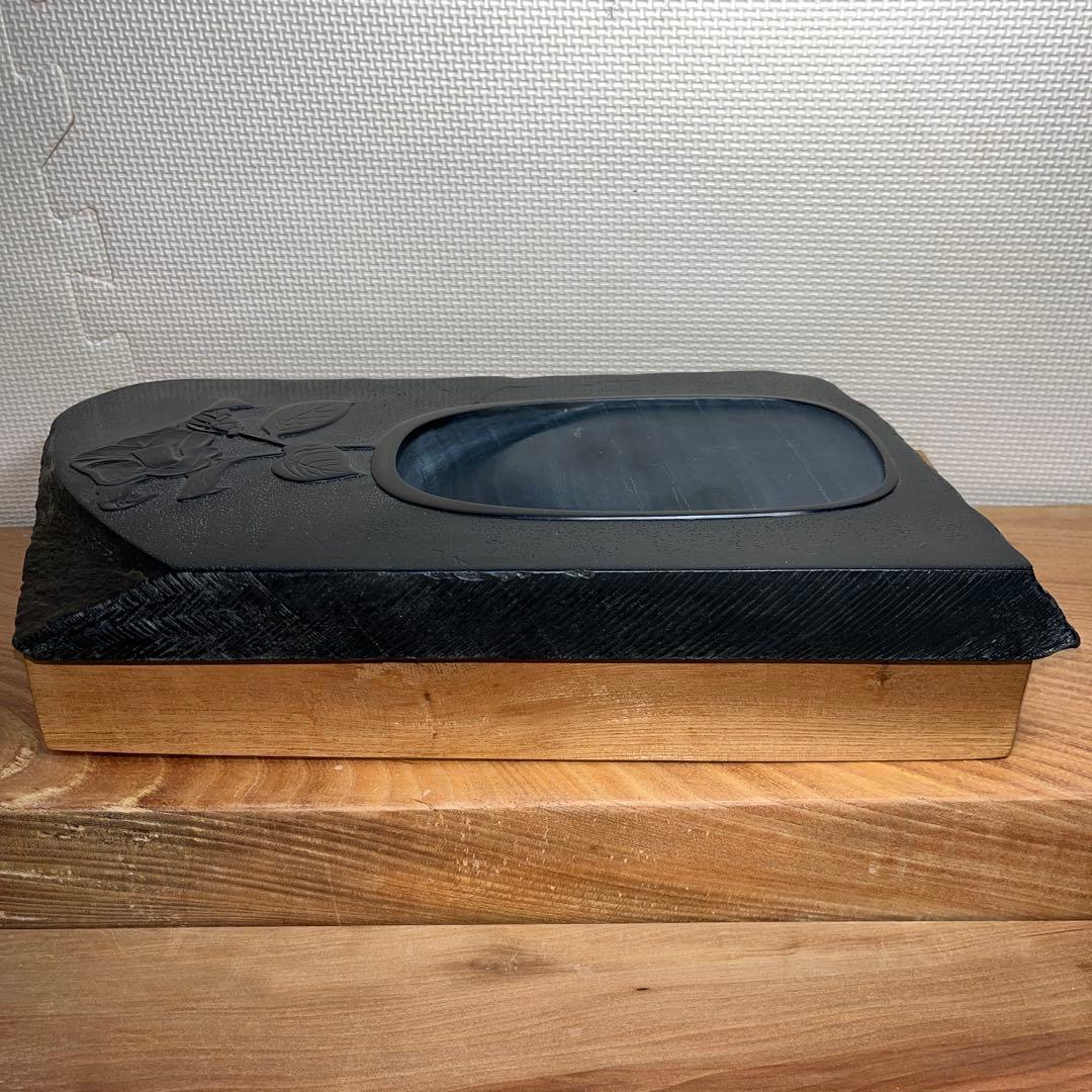 ⭕️雄勝硯　希少　超大型天然硯　伝統工芸士　杉山唐龍斎　椿花葉彫刻　35cm超