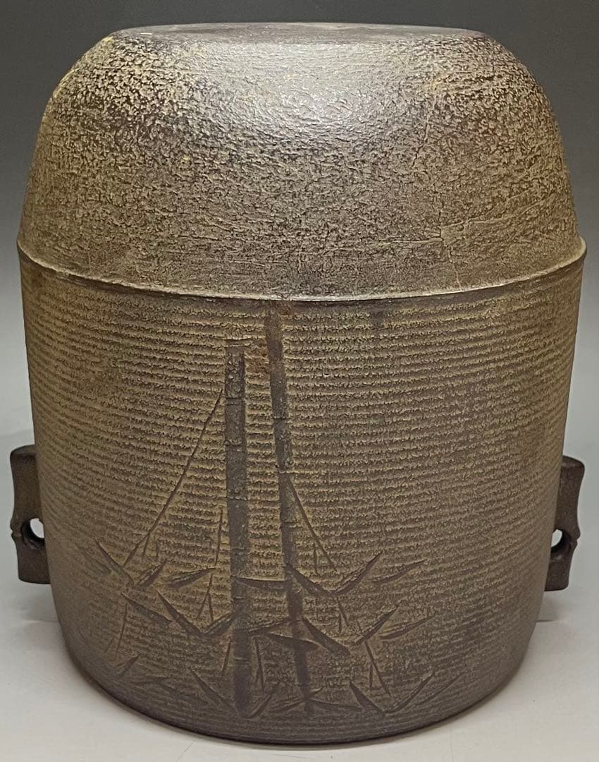 金森紹栄　竹文千筋筒釜　共箱　栞　e0308